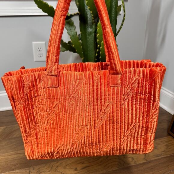 Urban Outfitters Orange Quilted Satin Tote Bag Lightning Bolt Graphic Design - Picture 2 of 9